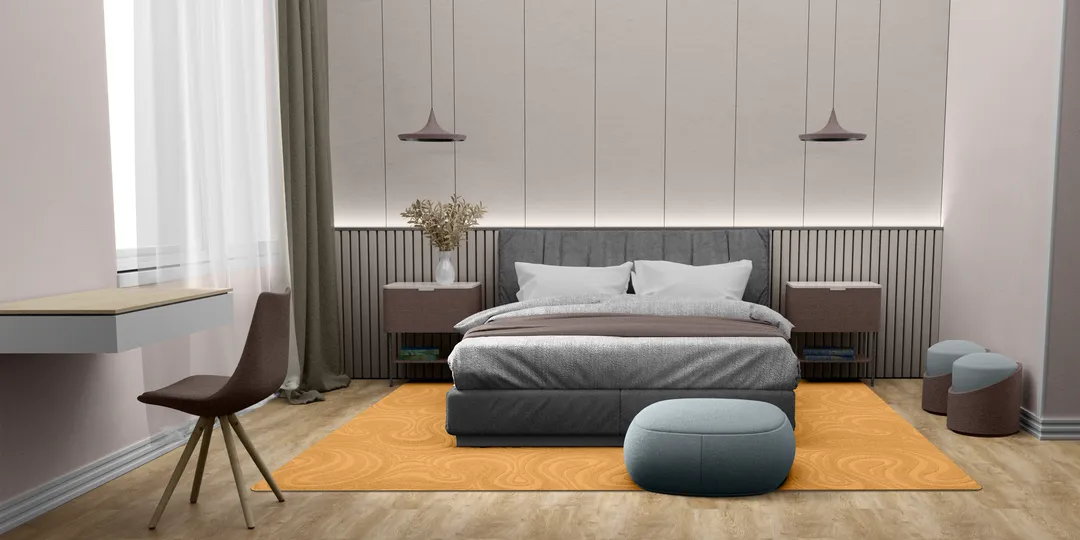 Woven Bliss – Bronze orange custom size rug with swirl pattern and overlocked edges in bedroom