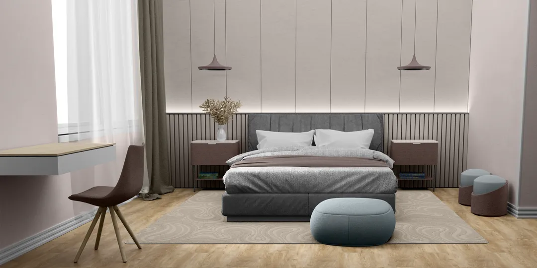 Woven Bliss – Dove custom size rug with swirl pattern and overlocked edges in bedroom