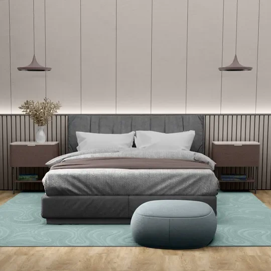 Woven Bliss – Maldives Mirage Rug Blue custom size rug with swirl pattern and overlocked edges in bedroom