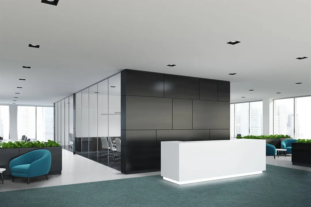 Woven Bliss – Aqua blue custom size rug in reception with white desk on it