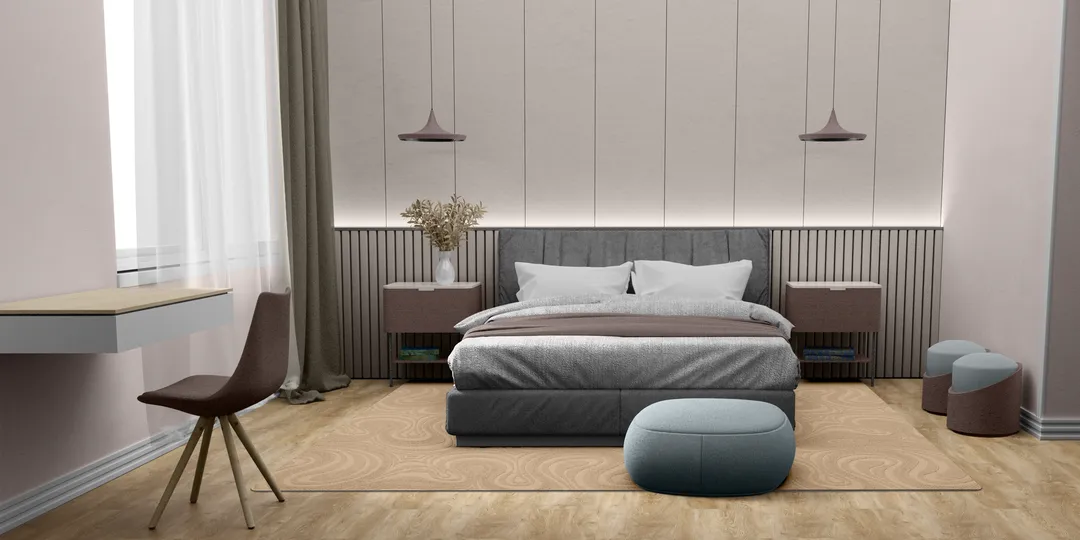 Woven Bliss – Bronze earthy custom size rug with swirl pattern in bedroom