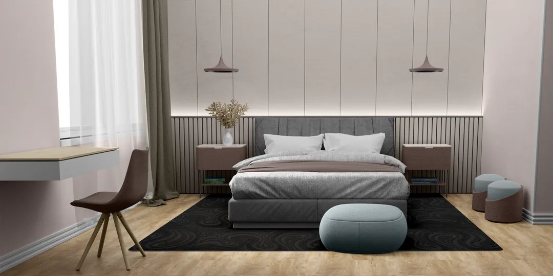 Woven Bliss – Black custom size rug with swirl pattern and overlocked edges in bedroom