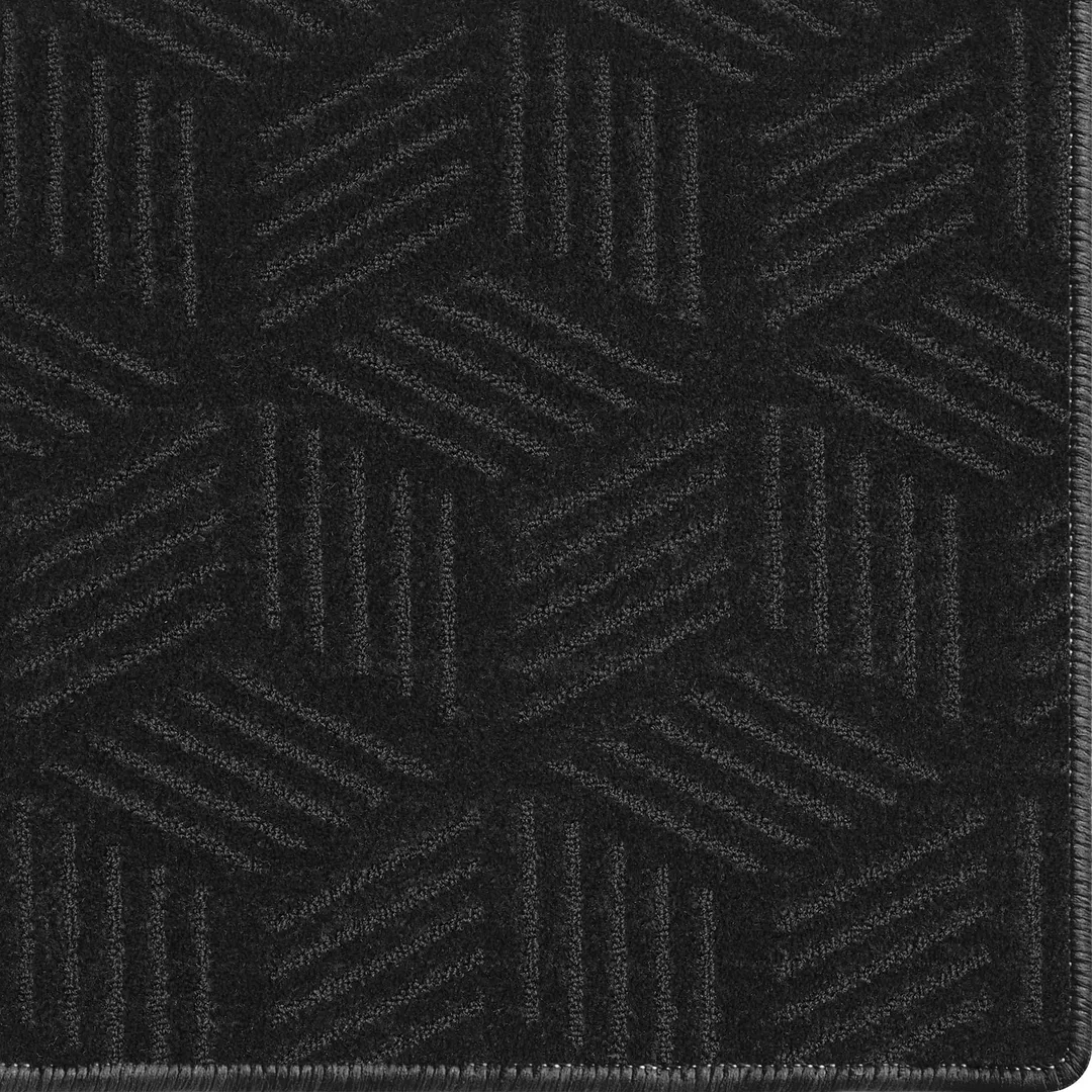 Woven Bliss – charcoal black colour rug with cube pattern and overlocked edges