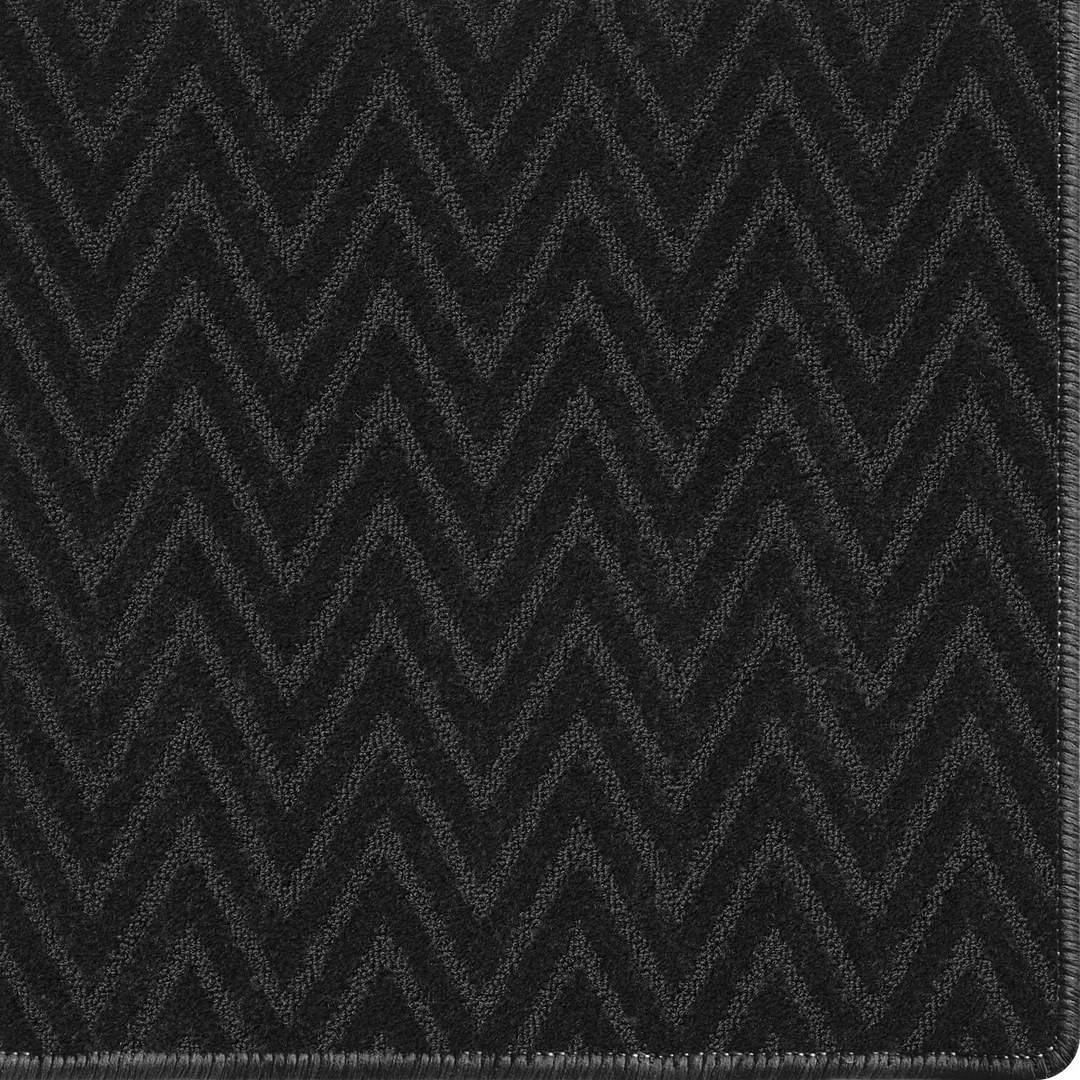 Woven Bliss – custom size charcoal black rug with chevron pattern and overlocked edges