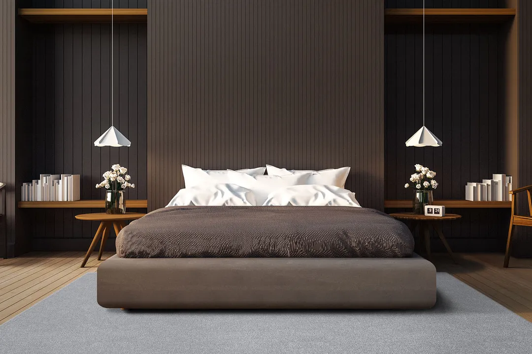 Woven Bliss – Large grey custom sized rug in bedroom with bed on it