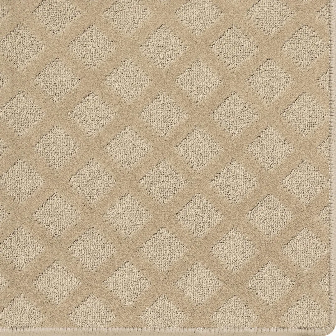 Woven Bliss – Light brown cream custom size carpet rug with mesh pattern and overlocked edges