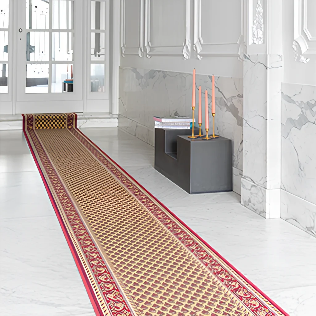 Woven Bliss – Red Sahara Scroll Runner down white hallway