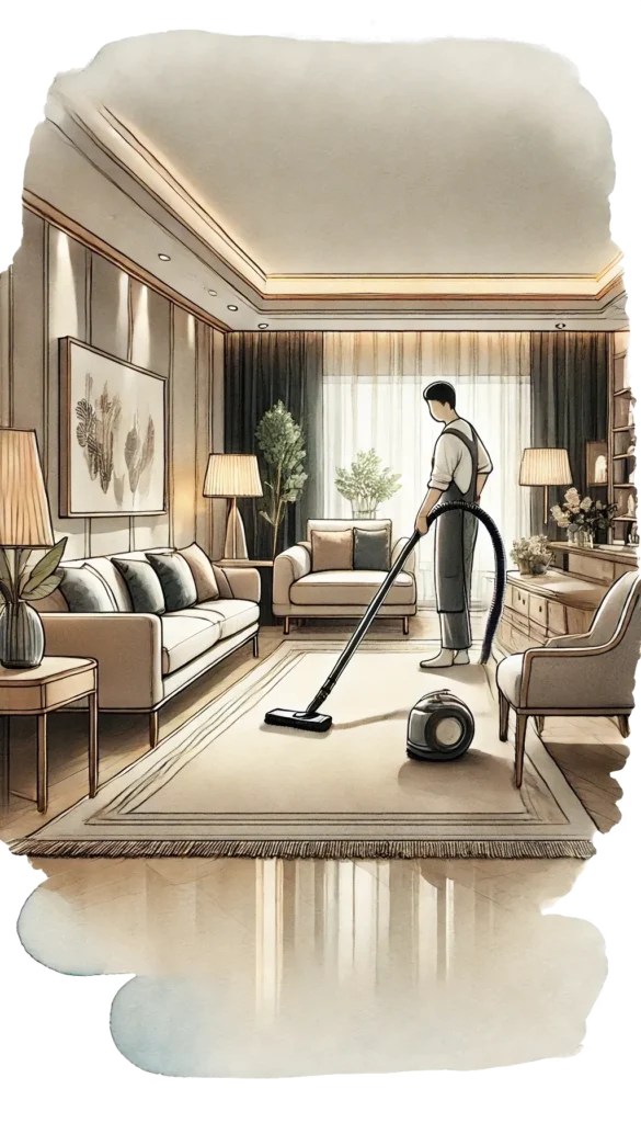 Vacuum cleaning a beige rug
