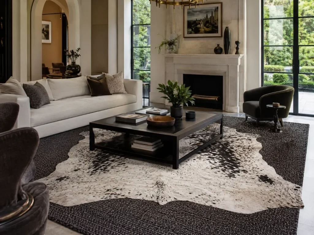layering rugs nguni hide and sisal