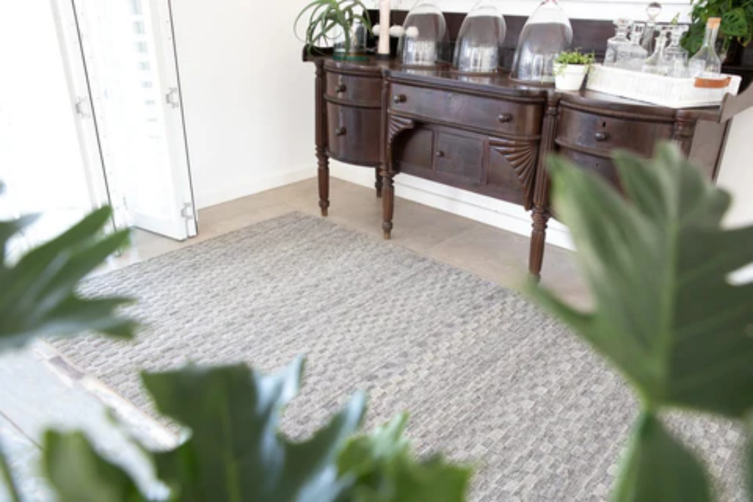 Woven Bliss – Stone rug with plant in fore ground
