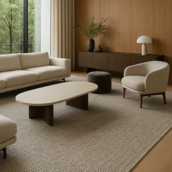 riverstone grey outdoor rug in a luxury living room