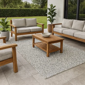 Woven Bliss – Ficus drift outdoor rug on a patio with outdoor furniture