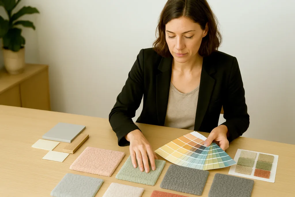 Woven Bliss – Interior Designer checking bespoke rug samples