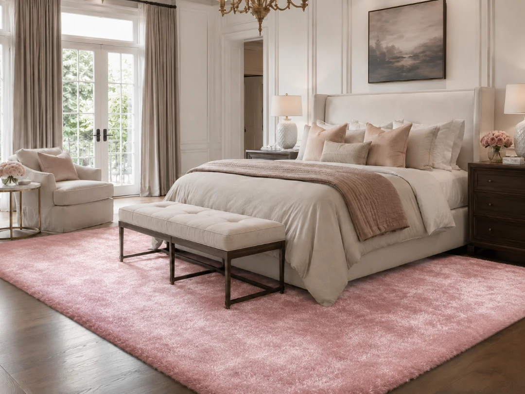 Pastel Pink Silk Rug in Boutique Bedroom