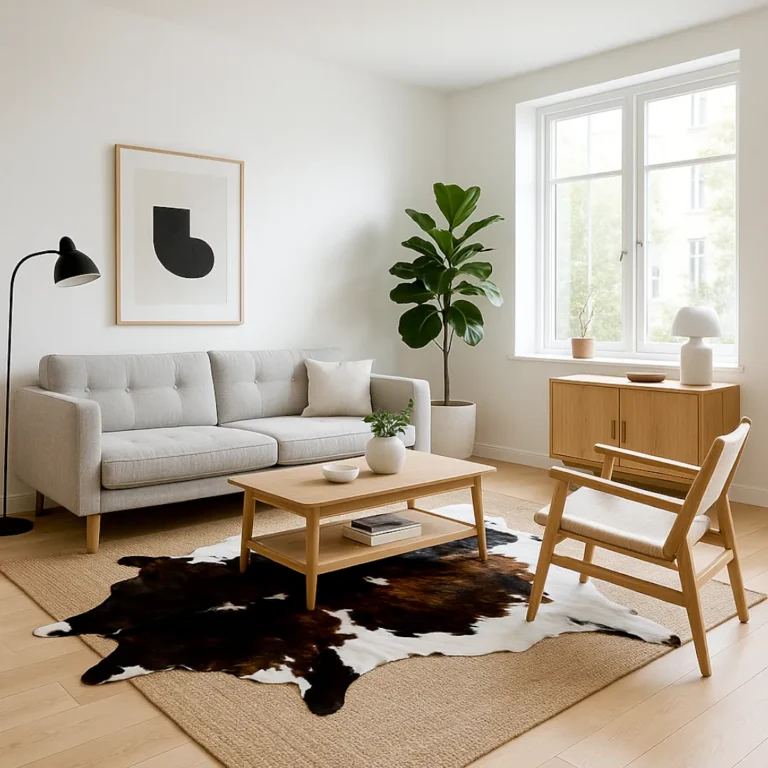 Woven Bliss – Modern scandi living room with a sisal rug and nguni hide on top