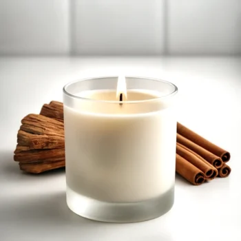 Woven Bliss – Cinnamon & Sandalwood Scented Candle glowing warmly in a cosy setting, hand-poured in South Africa for a rich spicy-woody fragrance