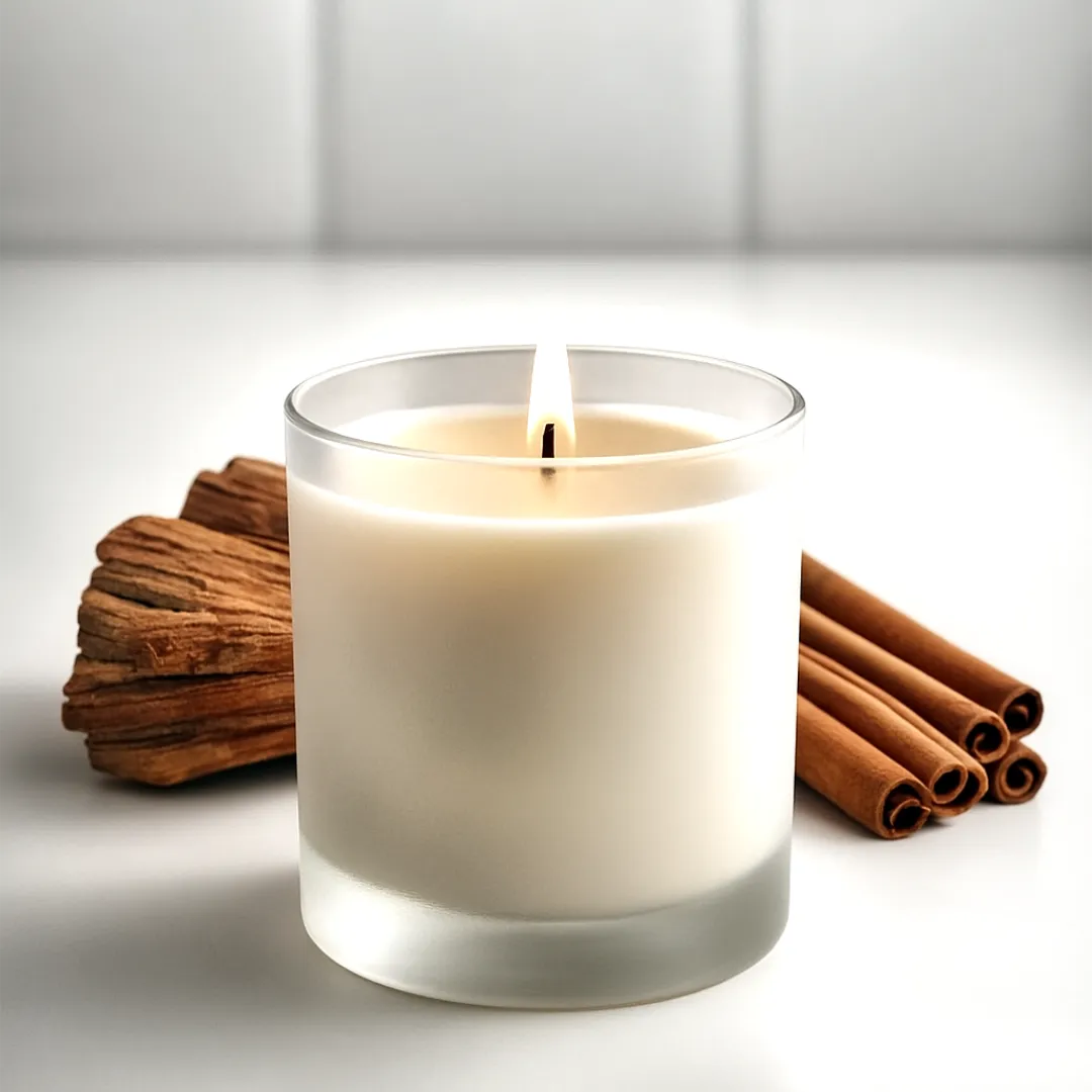 Woven Bliss – Cinnamon & Sandalwood Scented Candle glowing warmly in a cosy setting, hand-poured in South Africa for a rich spicy-woody fragrance