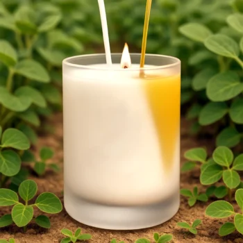 Woven Bliss – Milk & honey scented candle glowing beside a relaxing bubble bath, hand-poured soy wax candle made in South Africa