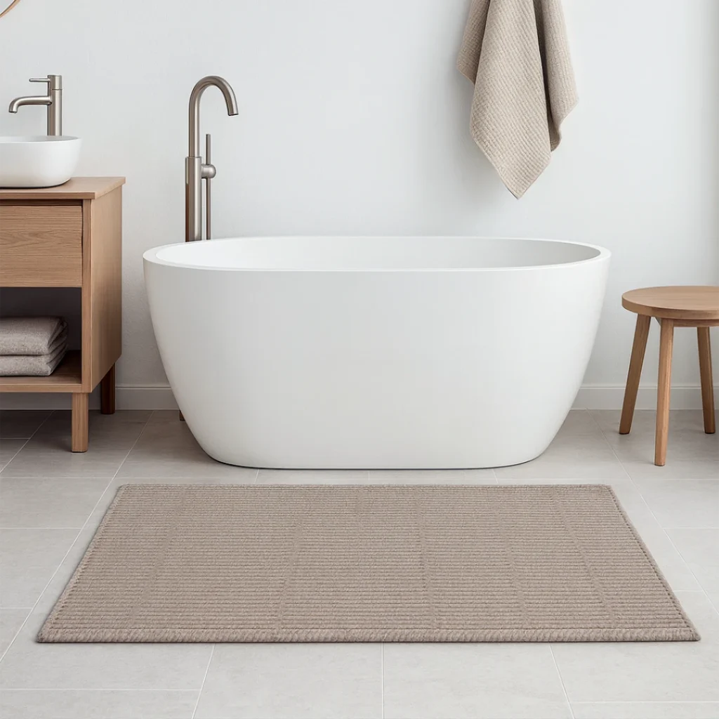 Sandstone Haven Bathroom Mat, 70 x 120cm beige polypropylene flatweave mat placed in a bright white bathroom in front of a freestanding bath.