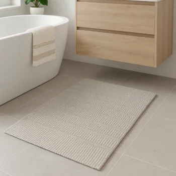 Woven Bliss – Grey Harmony Bathroom Mat, 70 x 120cm light-grey polypropylene mat with alternating flatweave pattern on a tiled floor.