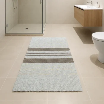 Woven Bliss – Grey Horizon Stripe Bathroom Mat, 70 x 120cm, light grey polypropylene with blue and yellow specks and two dark grey and two narrow grey stripes.