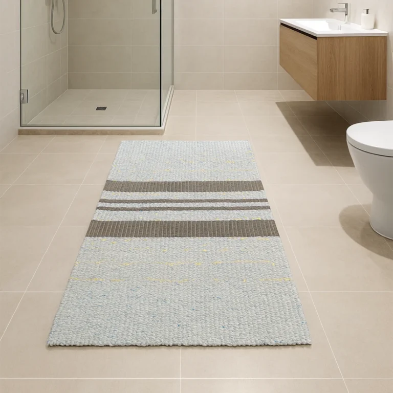 Woven Bliss – Grey Horizon Stripe Bathroom Mat, 70 x 120cm, light grey polypropylene with blue and yellow specks and two dark grey and two narrow grey stripes.
