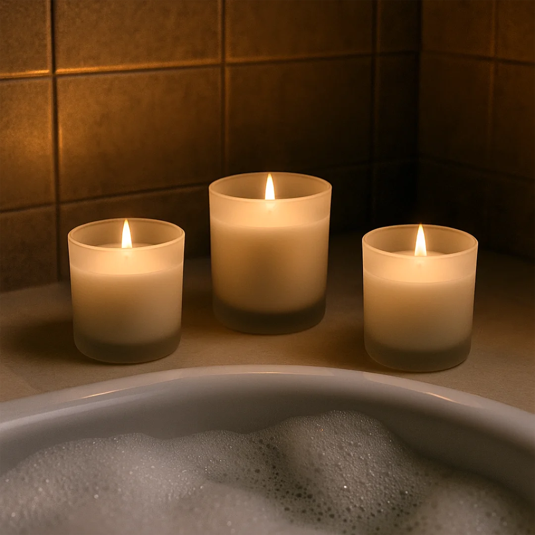 Woven Bliss – Three luxury soy candles glowing beside a relaxing bubble bath in a softly lit bathroom