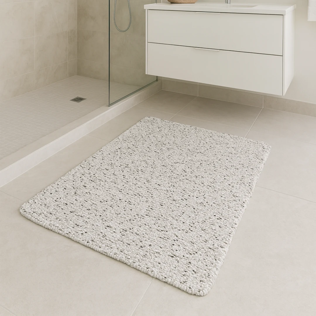 Woven Bliss – Close-up of Charcoal Drift Bathroom Mat, 70 x 120cm, grey polypropylene with charcoal speckled pattern.