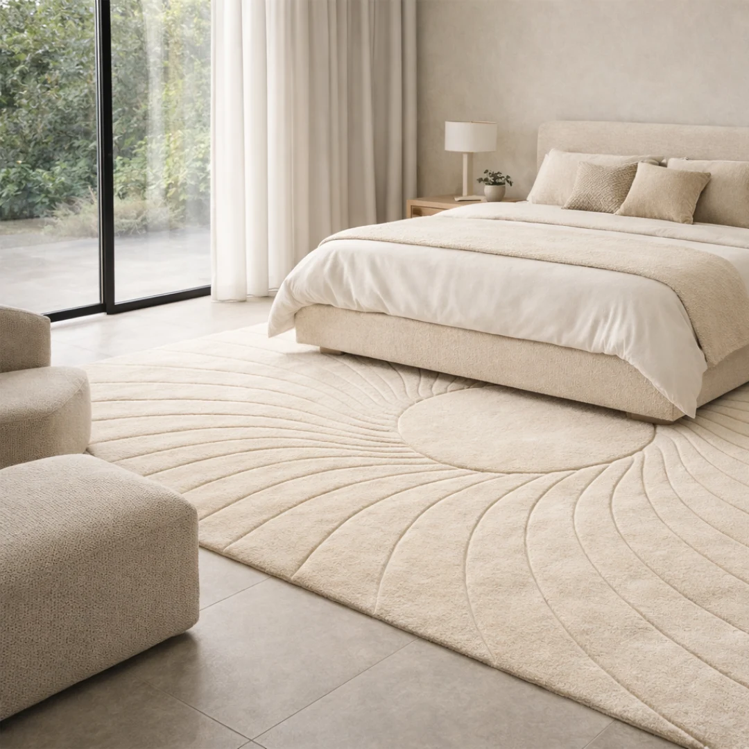 Woven Bliss – Carved Sun Hand-Tufted Rug in a living room