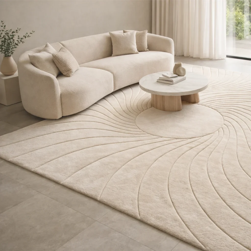 Carved Sun Hand-Tufted Rug in a bedroom