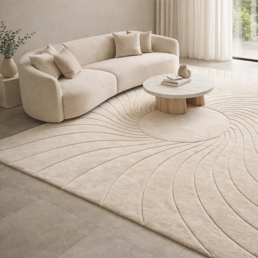 Woven Bliss – Carved Sun Hand-Tufted Rug in a bedroom