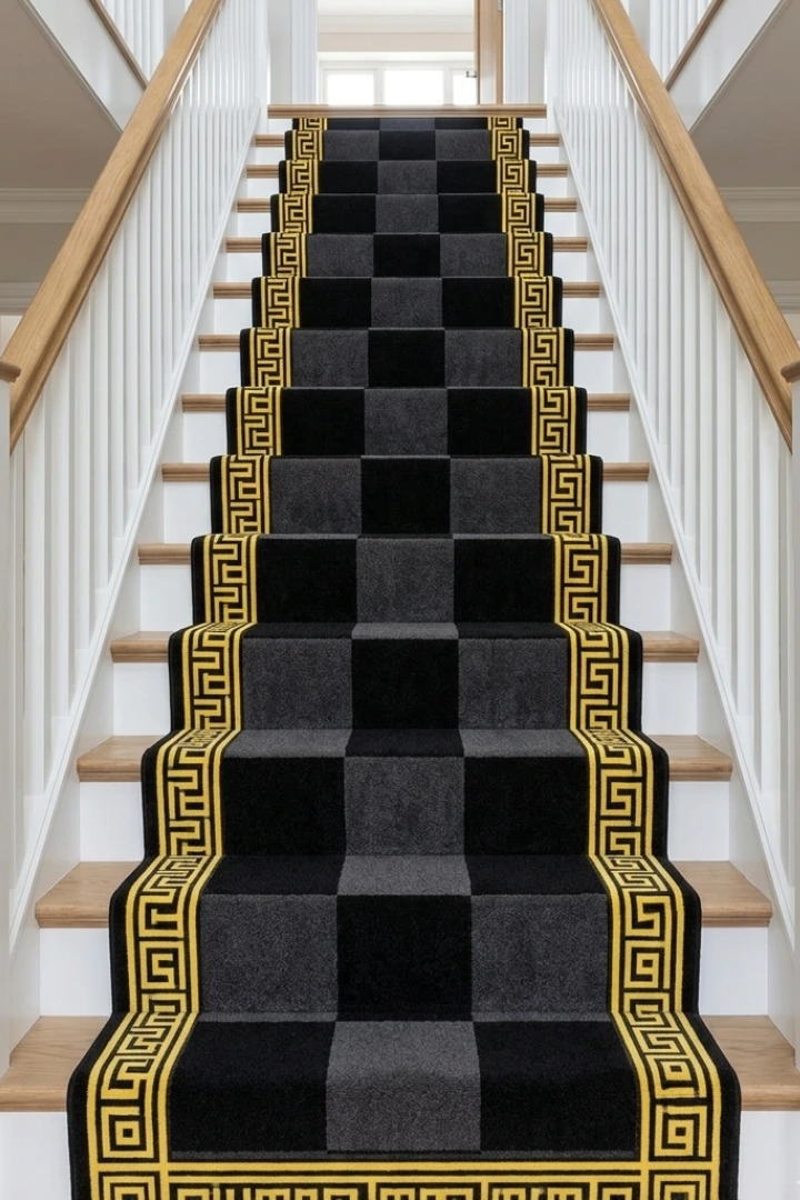 Woven Bliss – Greek Check Hand-Tufted Runner on a staircase