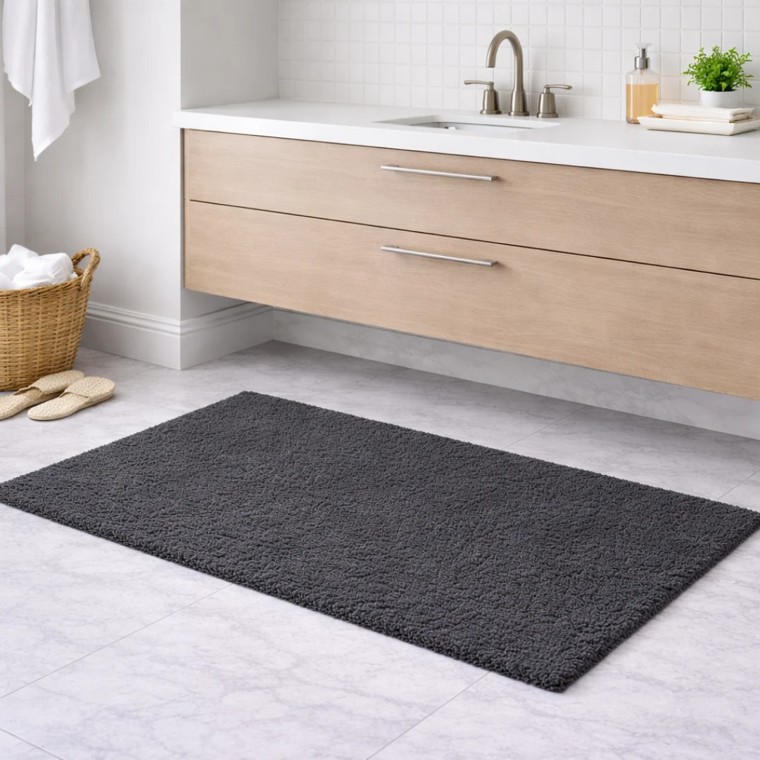 Woven Bliss – Black Hand Tufted Cotton Bathroom Mat 100x60cm in bathroom in front of sink