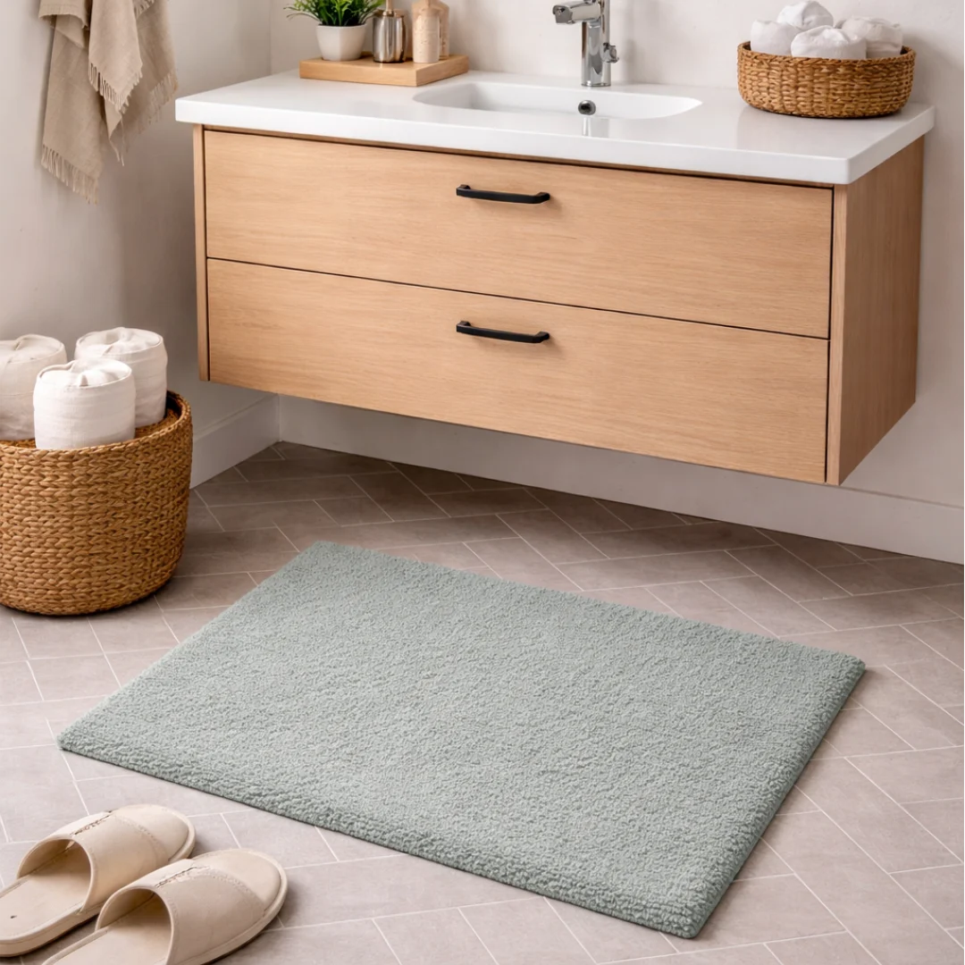 Woven Bliss – Green Hand Tufted Cotton Bathroom Mat 50x60cm in front of bathroom sink