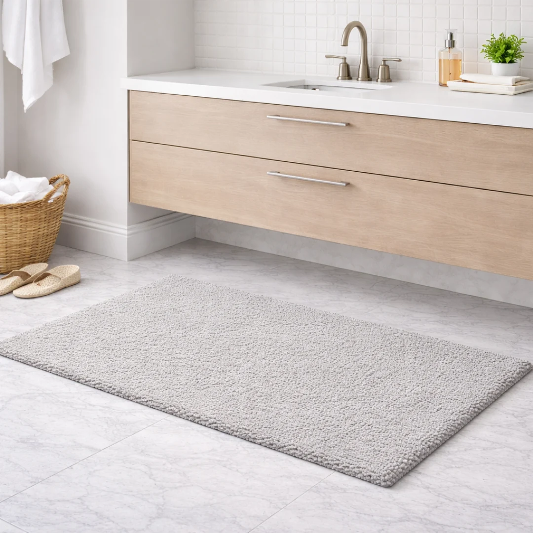 Woven Bliss – Grey Hand Tufted Cotton Bathroom Mat 100x60cm in front of the bathroom sink