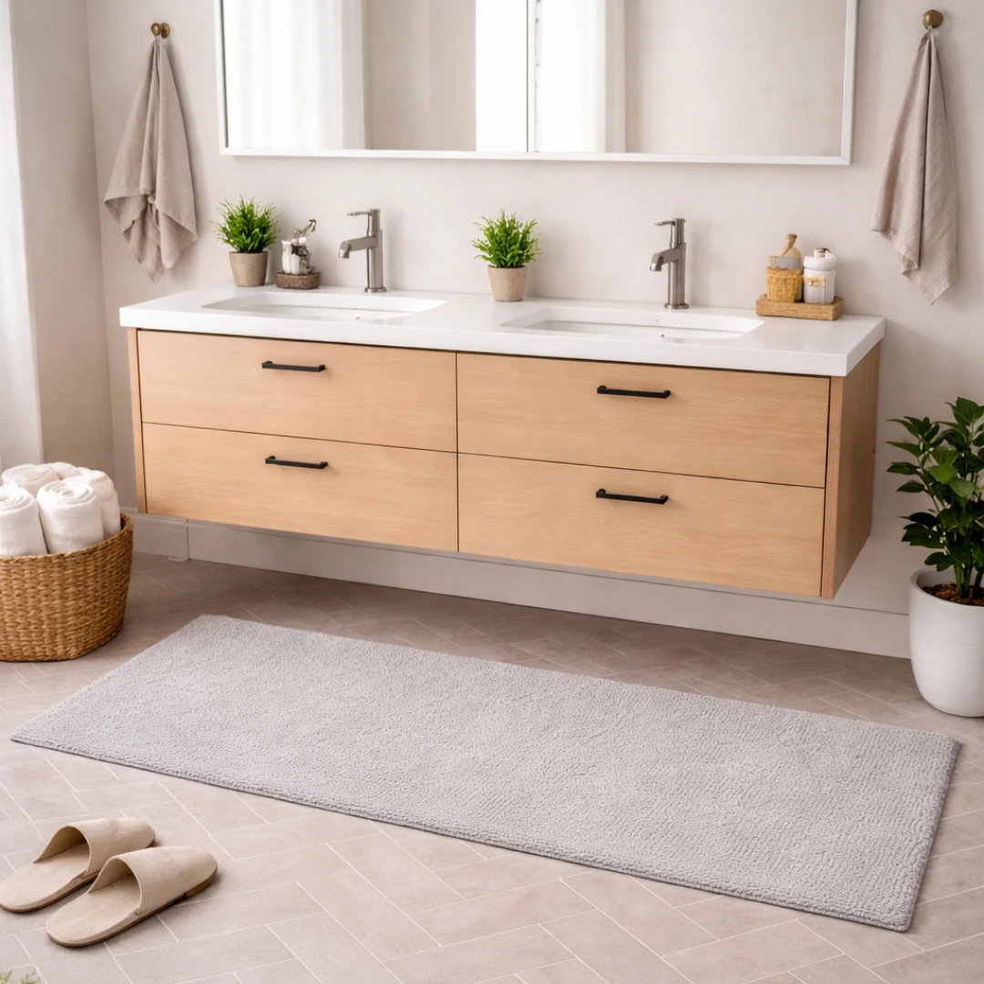 Woven Bliss – Grey Hand Tufted Cotton Bathroom Mat 100x60cm in front of bathroom sink