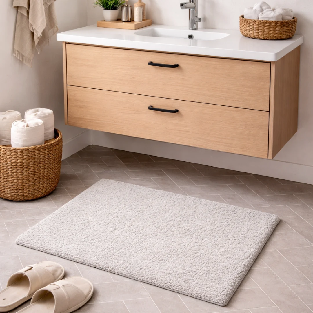 Woven Bliss – Grey Hand Tufted Cotton Bathroom Mat 50x60cm in front of bathroom sink