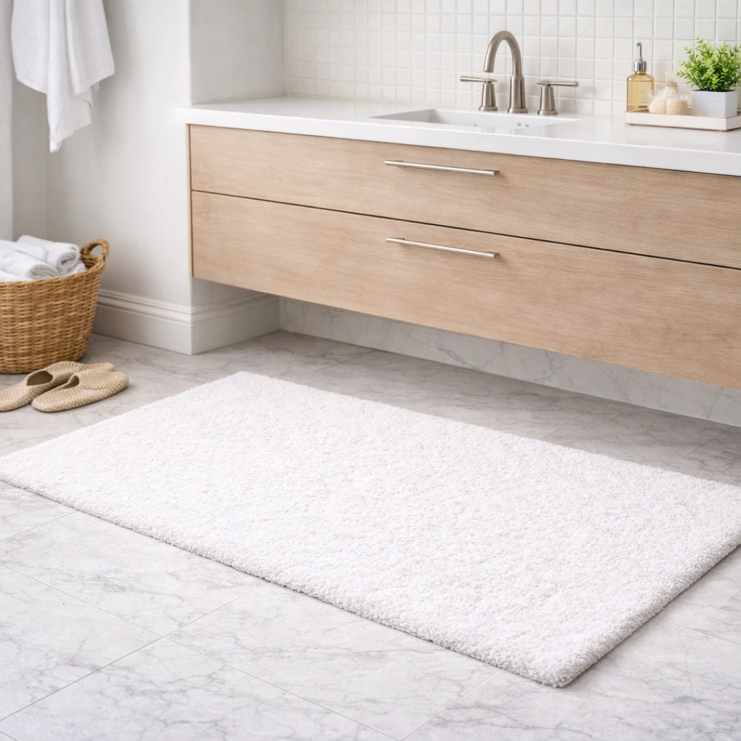 Woven Bliss – White Hand Tufted Cotton Bathroom Mat 100x60cm in front of bathroom sink