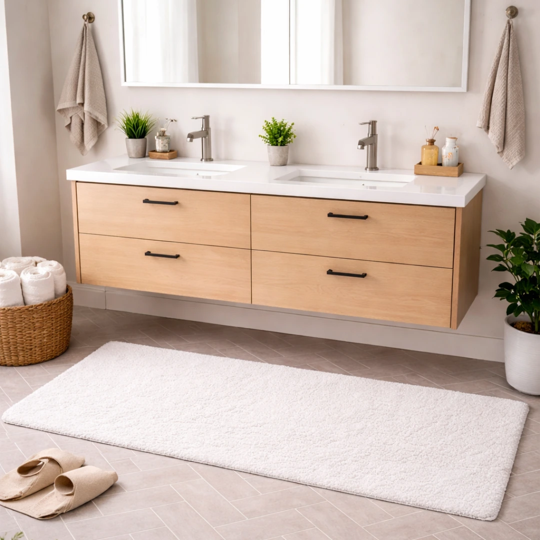 Woven Bliss – White Hand Tufted Cotton Bathroom Mat 150x60cm in front of bathroom sink