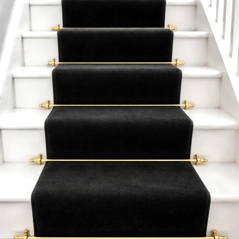 Woven Bliss – Black stair runner with brass rods