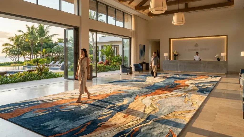 Large handtufted rug in a Resort reception area