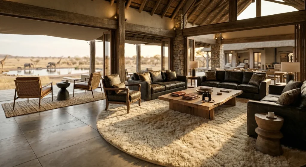 Safari with a handtufted natural wool round rug in the seating area and a sisal rug in the viewing area