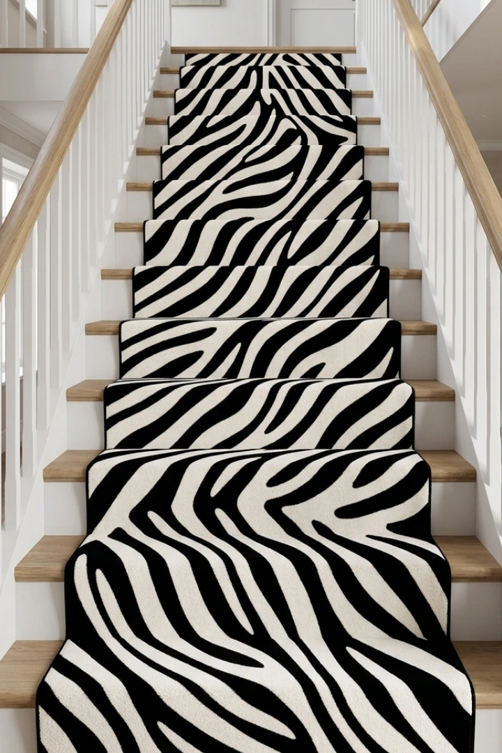 Woven Bliss – Zebra Hand-Tufted Runner on a set of stairs
