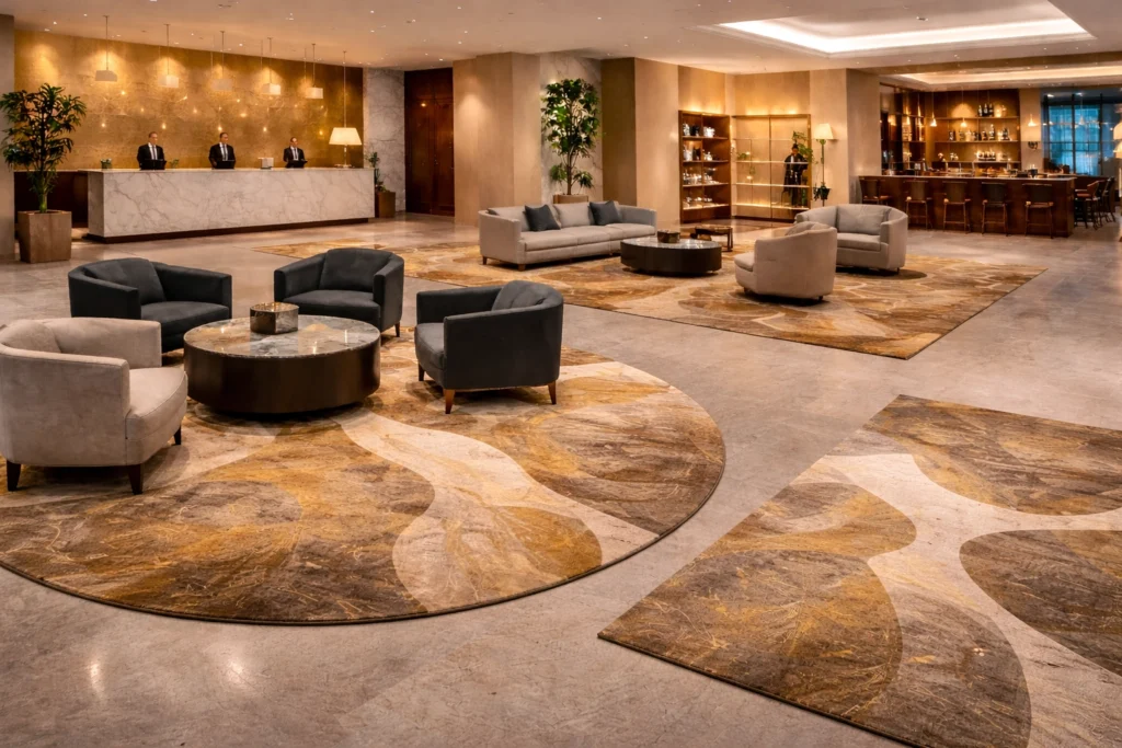 Spatial Zoning in a hotel reception using Hand Tufted Rugs