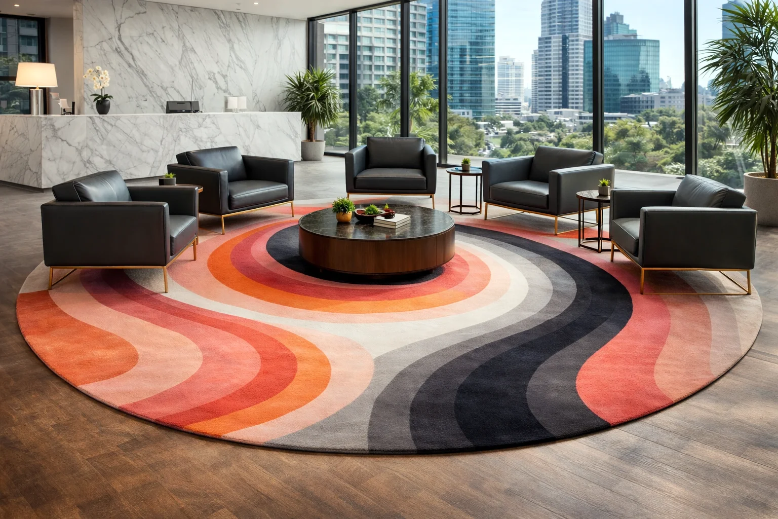 round hand-tufted reception rug.  These vibrant rugs add colour to commercial interiors. 