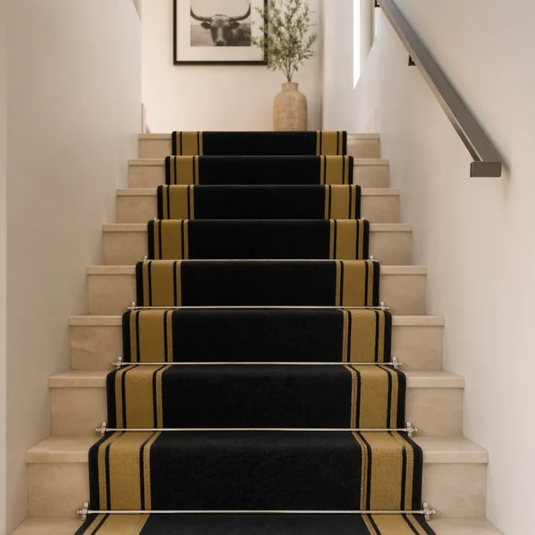 Woven Bliss – Black and gold Regent Border Merino stair runner installed on cream staircase with stainless steel stair rods