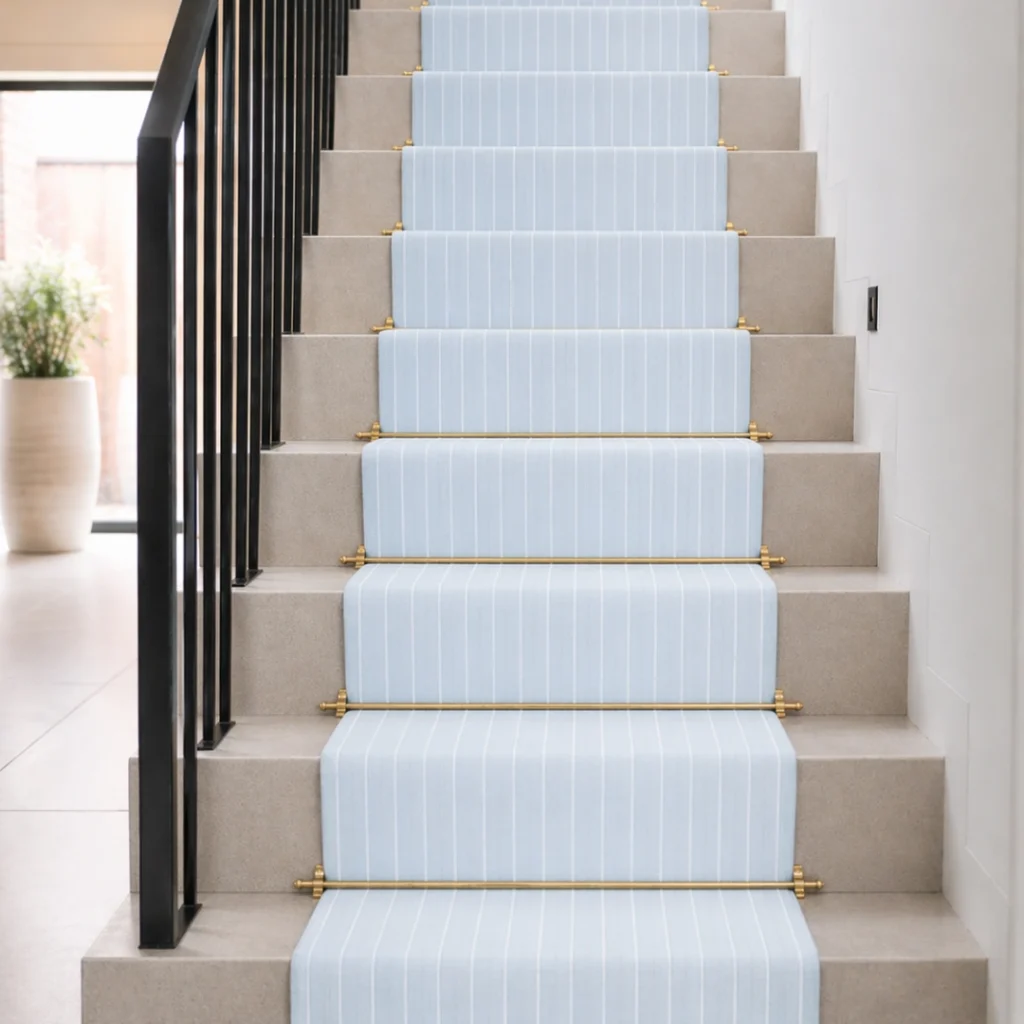 Powder blue Kensington Fine Line stair runner installed on cream staircase with brass stair rods