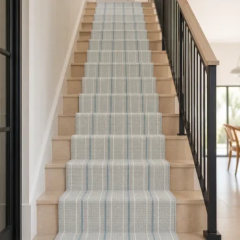 Woven Bliss – Blue Haze Cavendish Pinstripe stair runner installed on modern staircase with black balustrade