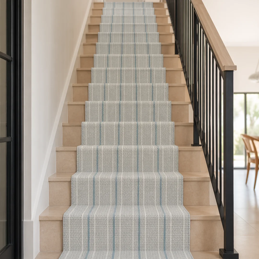 Woven Bliss – Blue Haze Cavendish Pinstripe stair runner installed on modern staircase with black balustrade