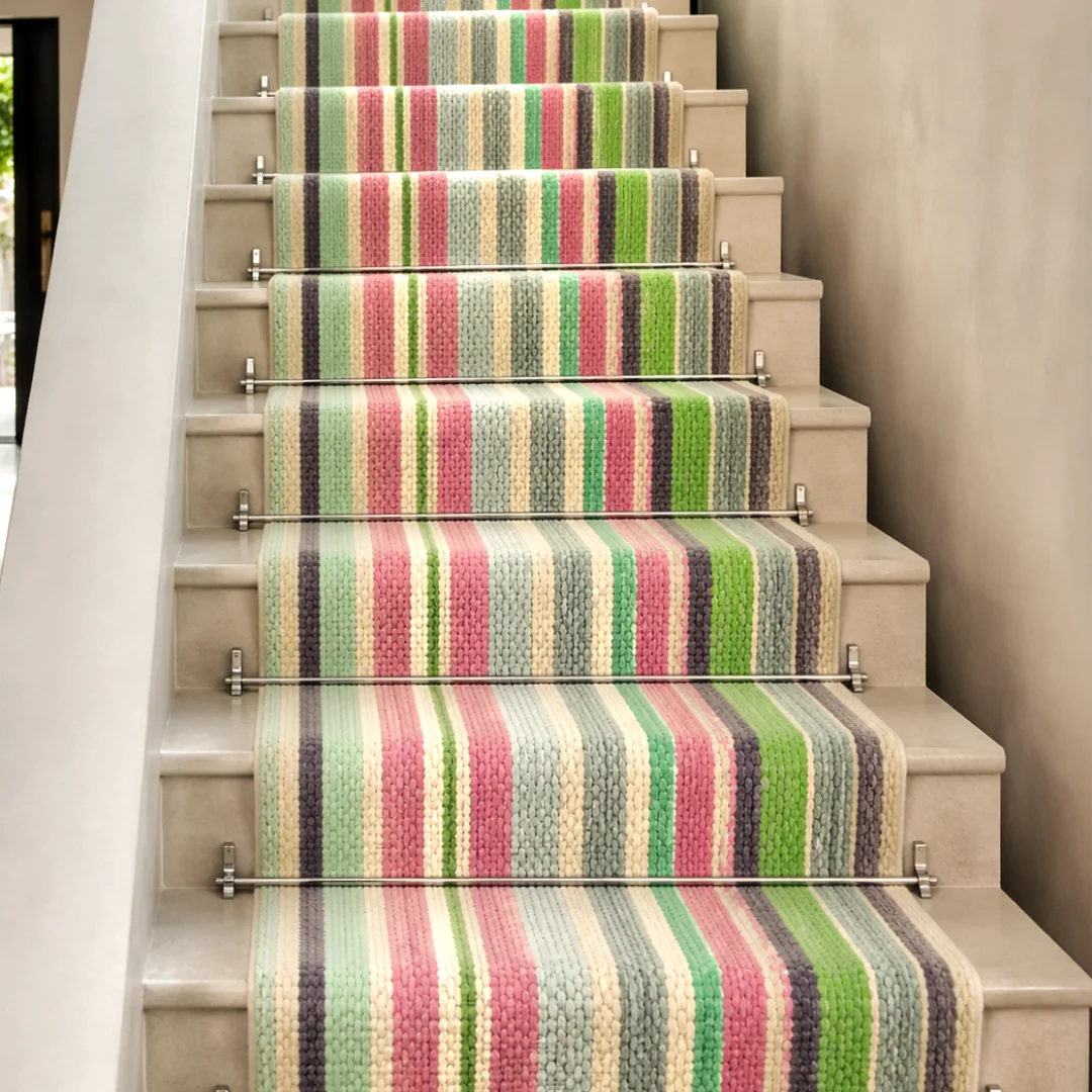 Woven Bliss – Meridian Stripe Merino stair runner in soft green, pink and neutral stripes installed on a luxury staircase with stainless steel stair rods